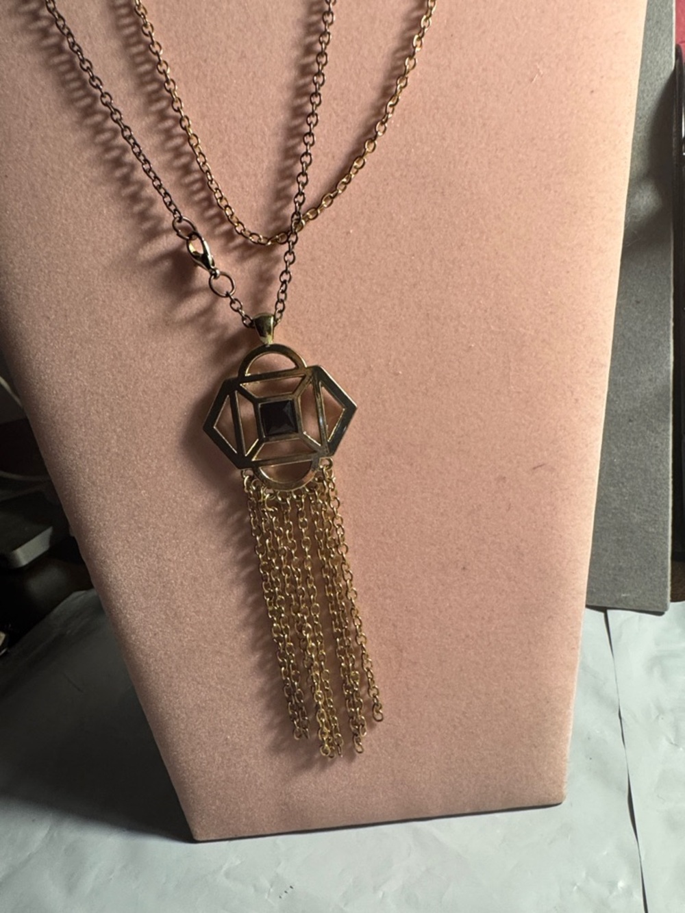 Gold Geometric Tassel Pendant Necklace with Black Center 20” to end of Tassel